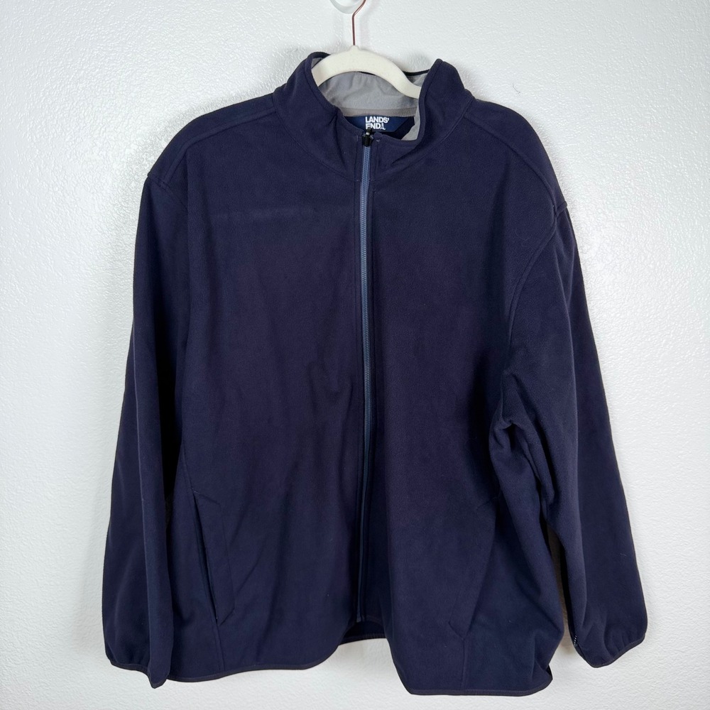 Lands End Mens 2XL Navy Blue Fleece Full Zip Jacket 510691 Mock Neck Windproof